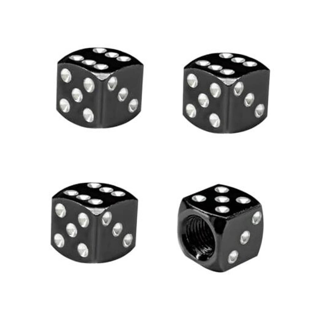 Black dice-shaped tire valve stem caps with silver number dots, aluminum, set of 4