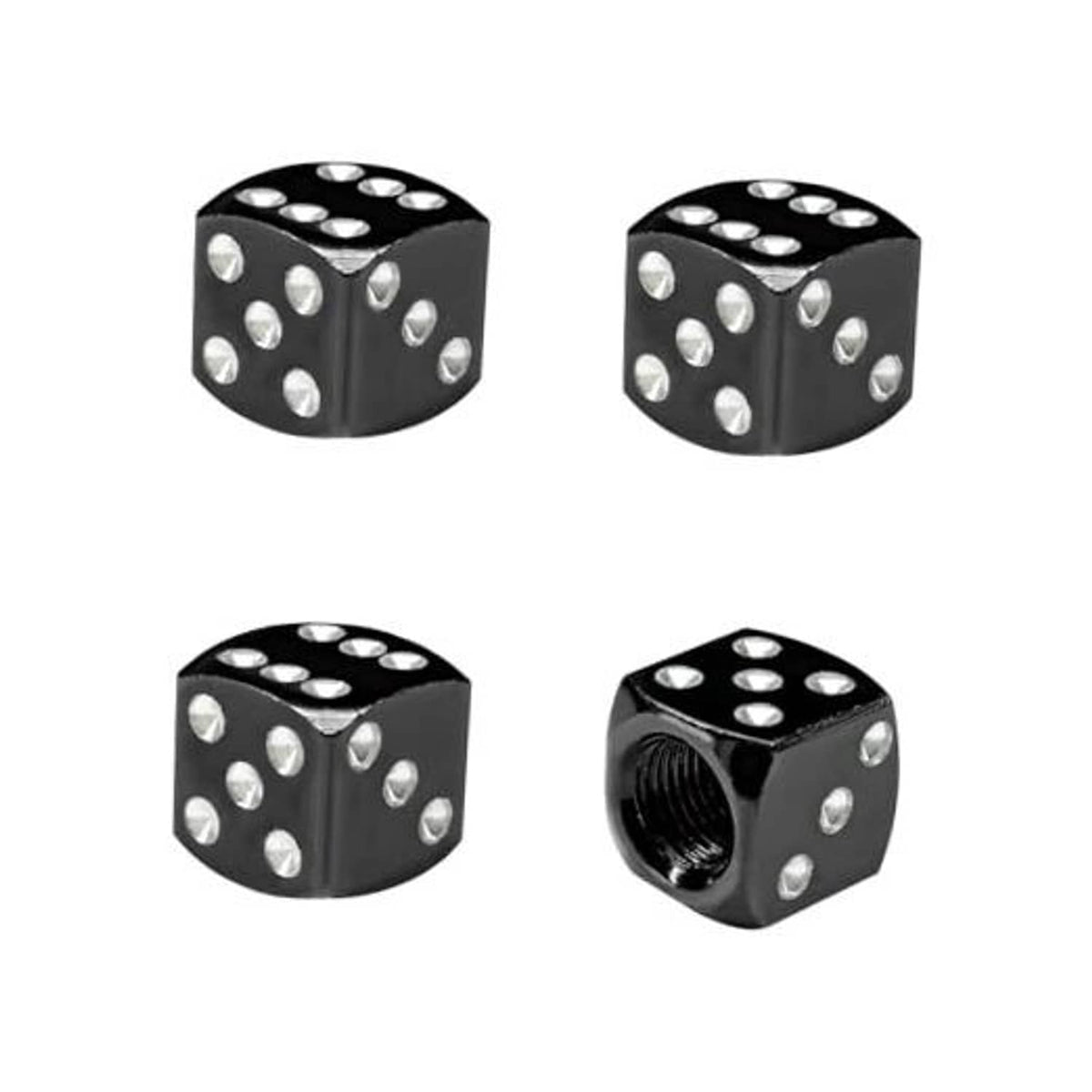 Black dice-shaped tire valve stem caps with silver number dots, aluminum, set of 4