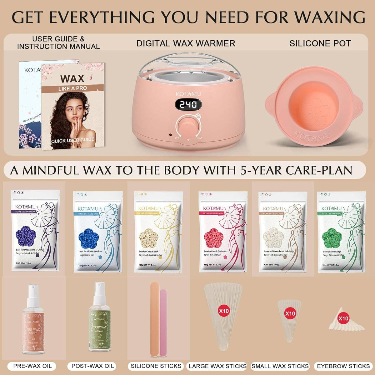 KOTAMU hard wax warmer kit contents: digital warmer, silicone pot, wax sticks, guide