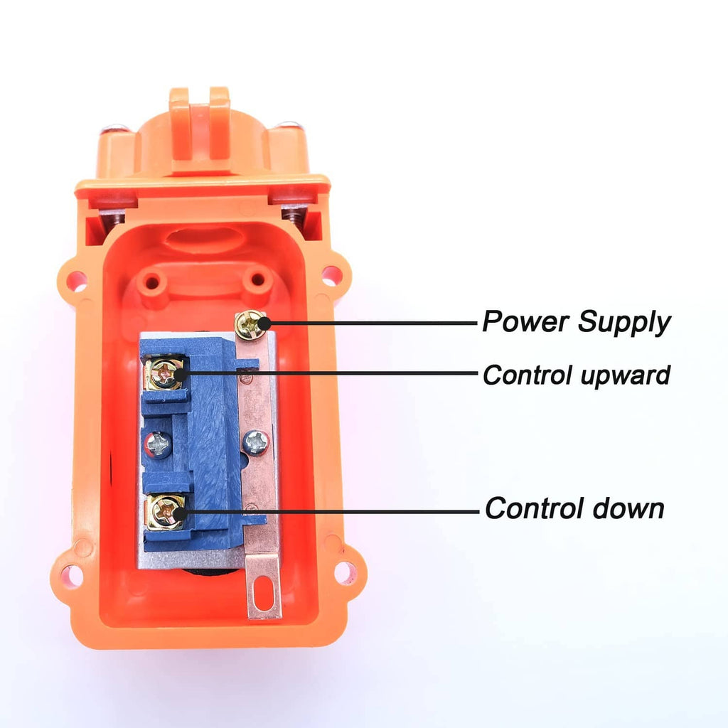 Orange rainproof pendant switch showing internal wiring terminals inside casing