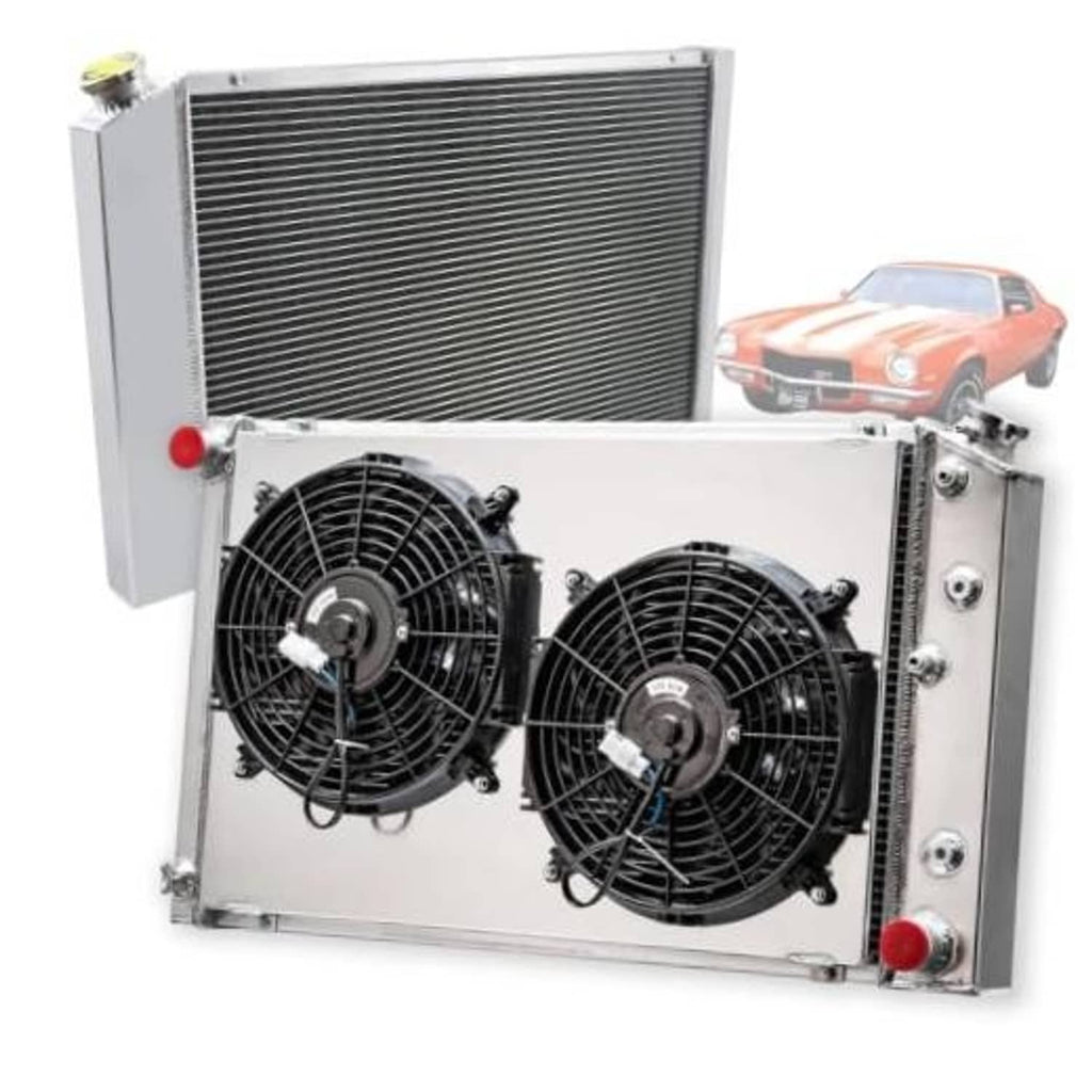 Aluminum 3-row radiator with two black electric fans and mounting brackets