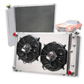 Aluminum 3-row radiator with two black electric fans and mounting brackets