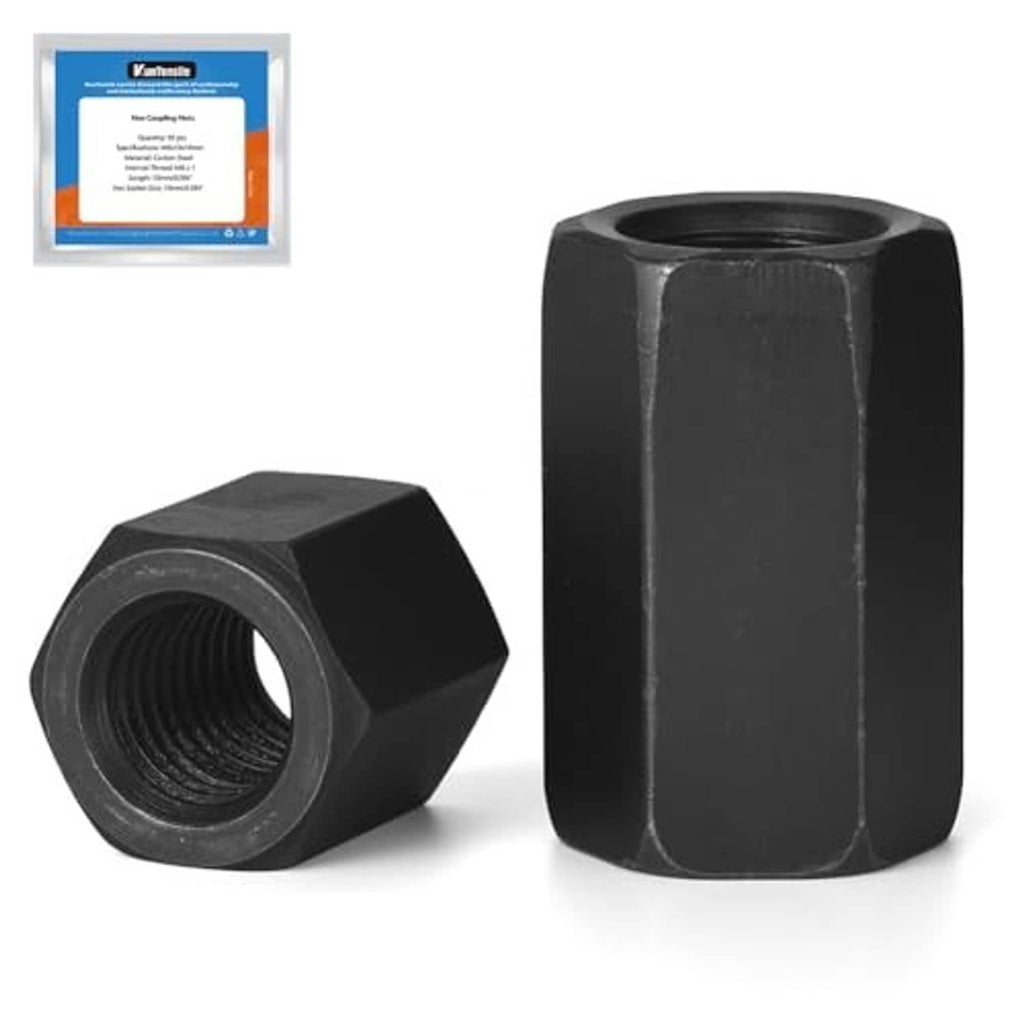 Black hex coupling nuts with internal threads, angled and front views