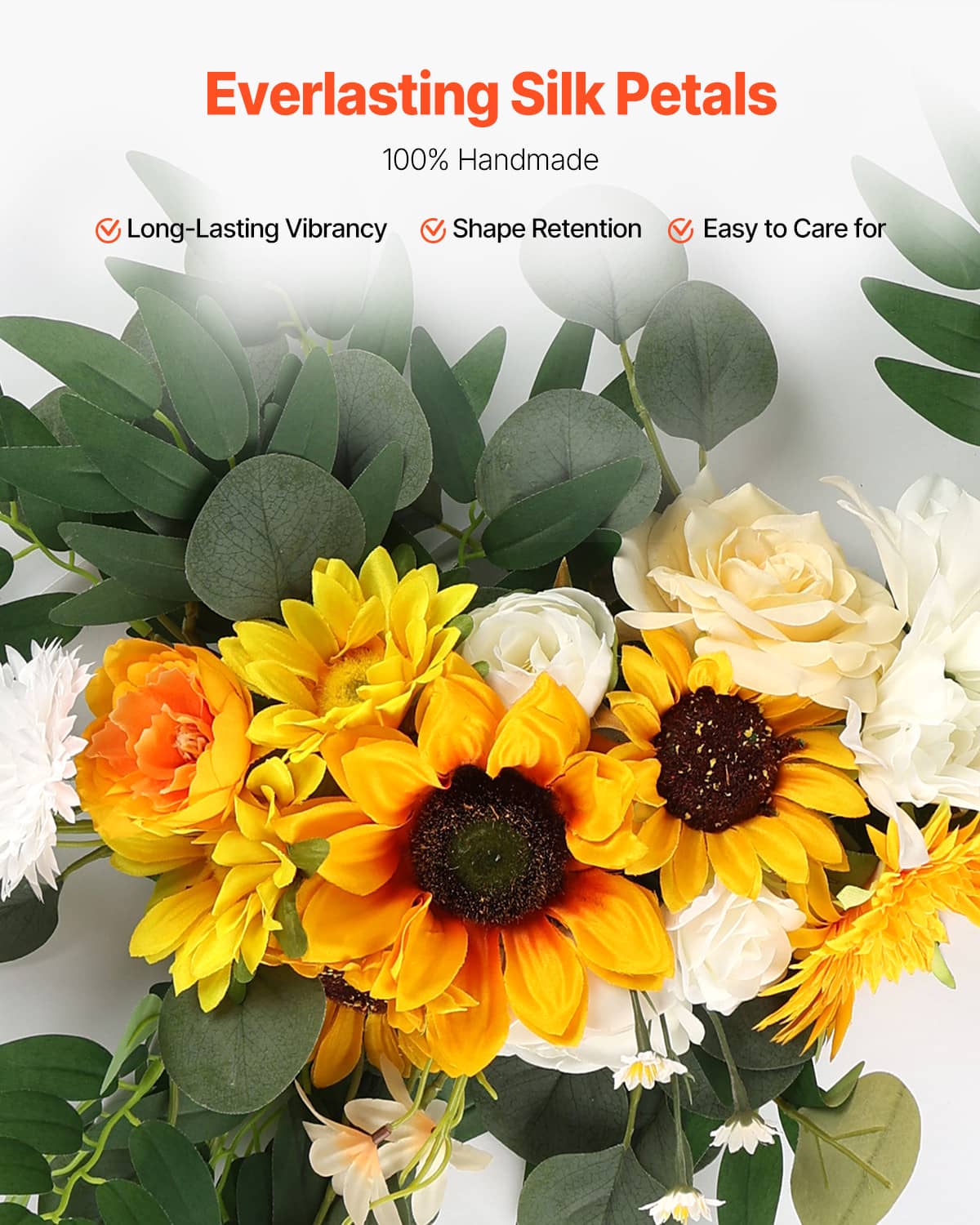 Artificial sunflower bouquet with green leaves and silk-like petals in yellow and orange