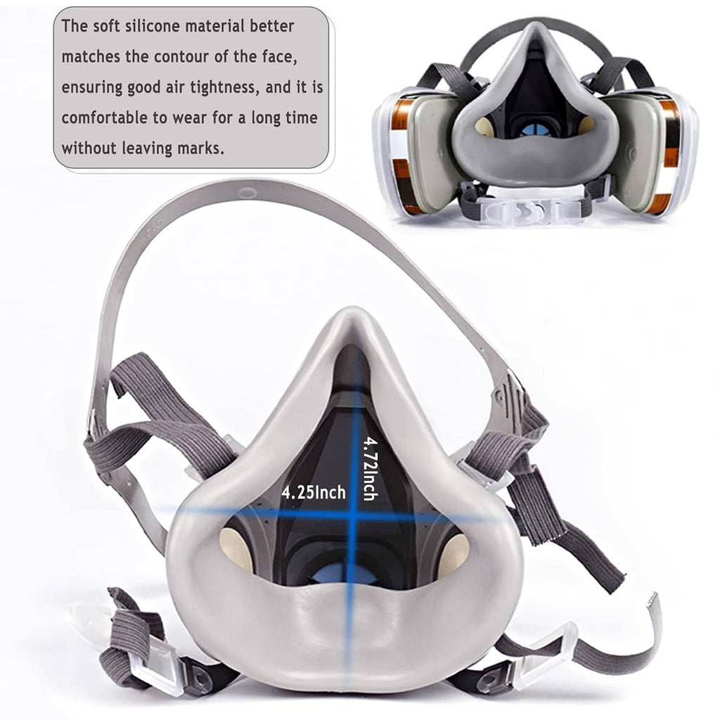 Half-face respirator with gray silicone seal and black adjustable head straps