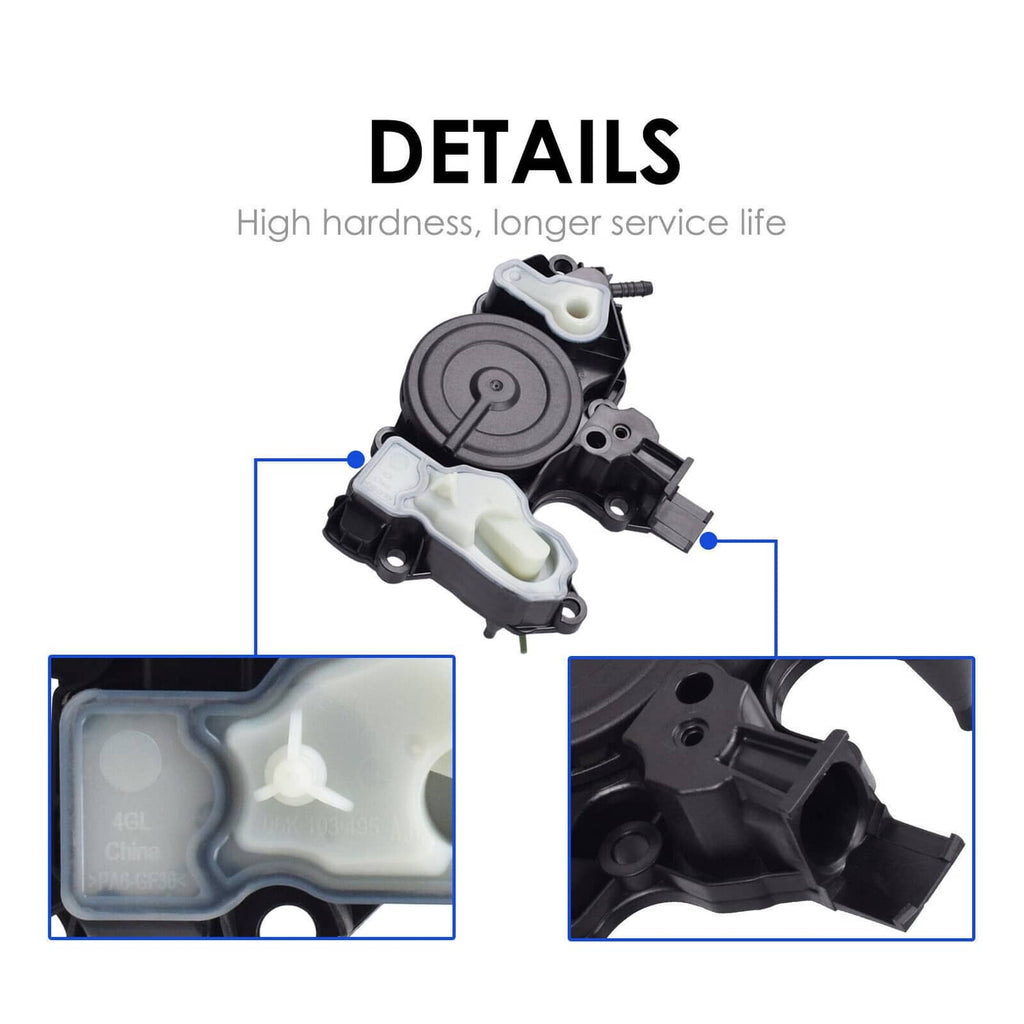 PCV oil separator valve assembly detail view, black housing and light translucent actuator