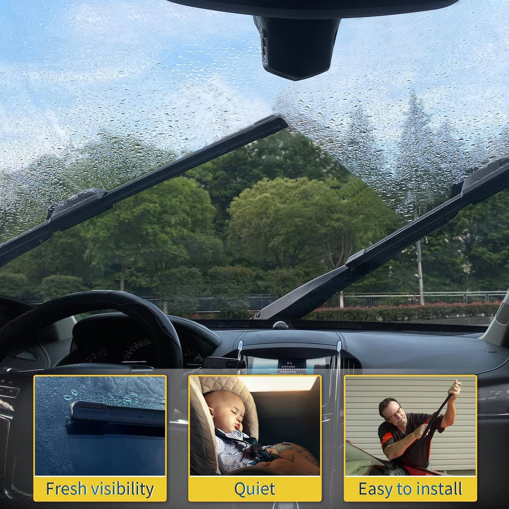 Two black wiper blades on windshield during rainy driving for visibility