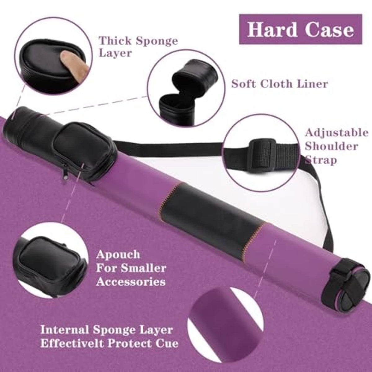 Purple cue hard case with padded interior, soft cloth liner, and adjustable shoulder strap