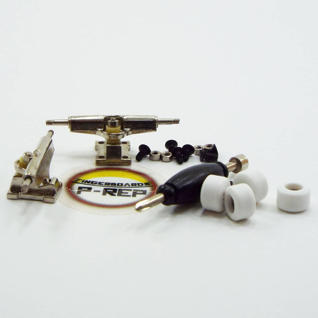 Fingerboard hardware kit with metal trucks, wheels, screws, and tools