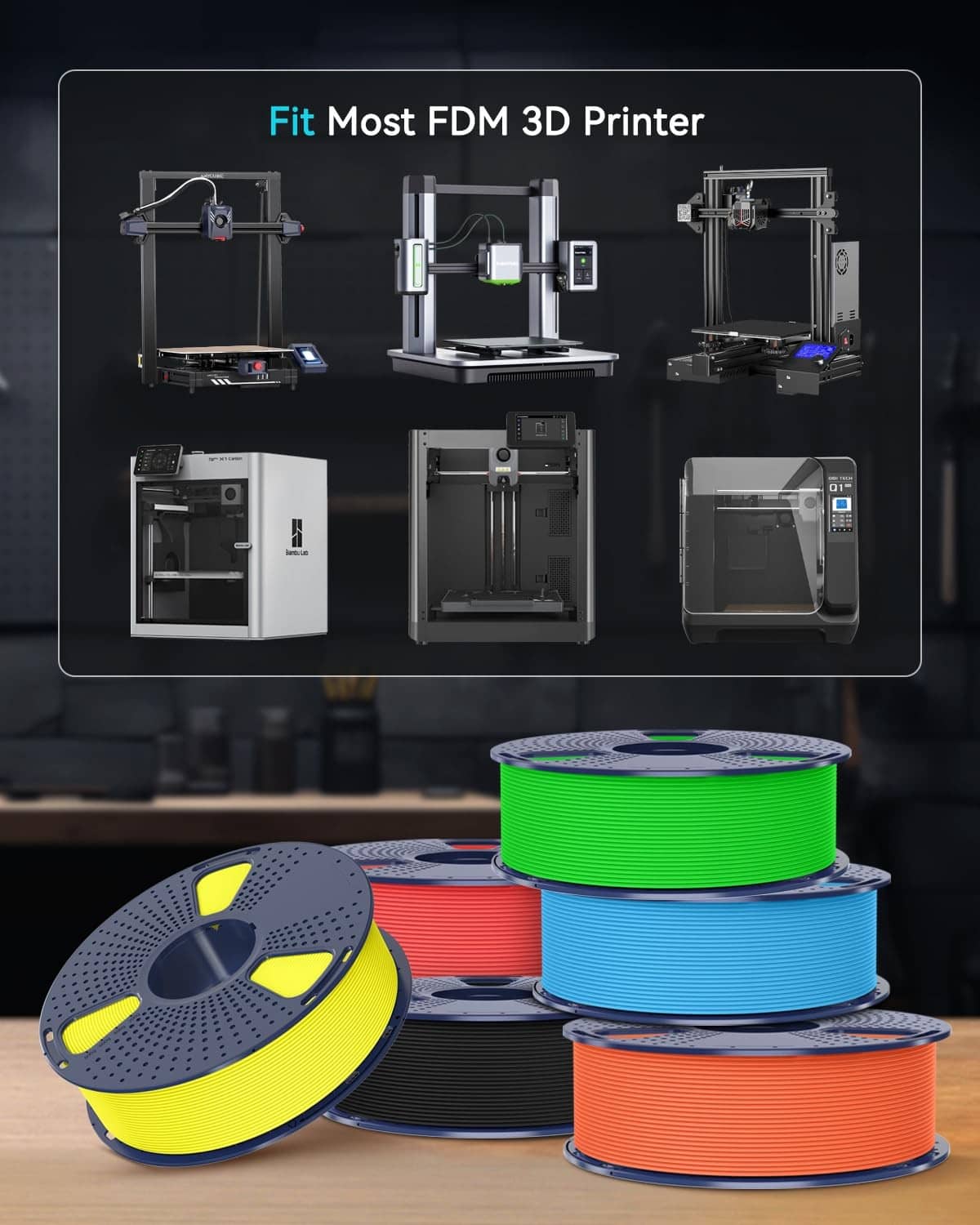 Stack of assorted PETG filament spools (blue, green, orange, yellow, black)