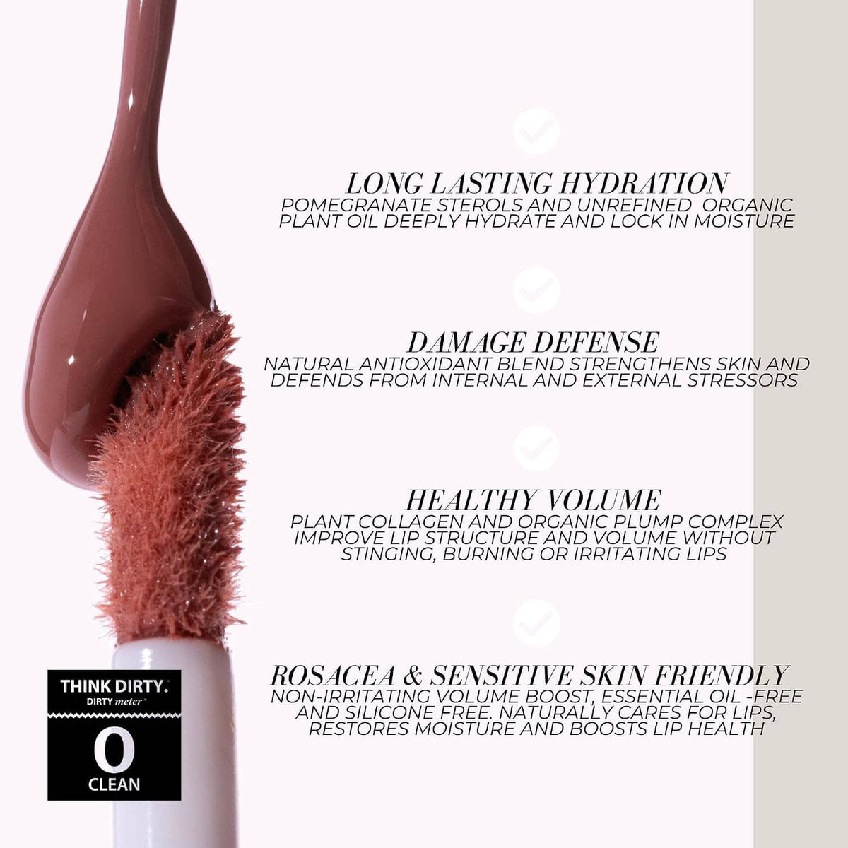 Tinted lip gloss serum applicator with printed benefit text panel