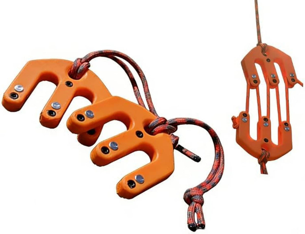 Orange block and tackle hoist with rope loops and pulley blocks