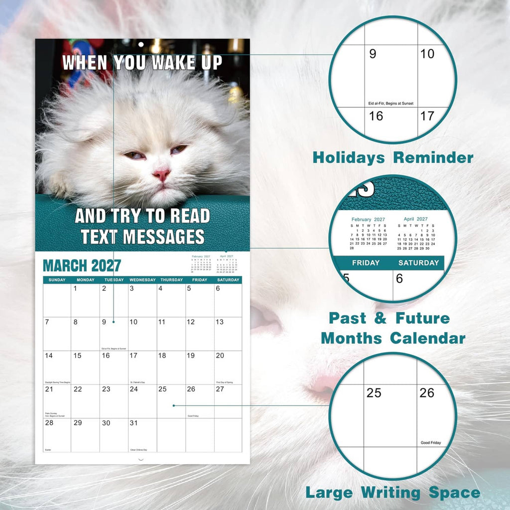 Cat wall calendar pages with March 2027 and holiday reminders, large writing space