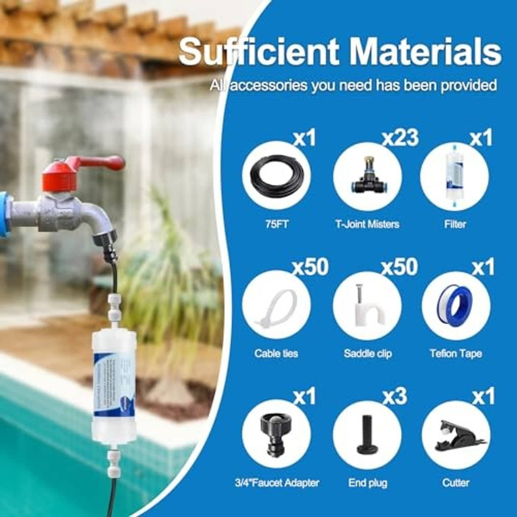 Misting system accessory set with 75FT hose, filter, adapters, cable ties, and end plug