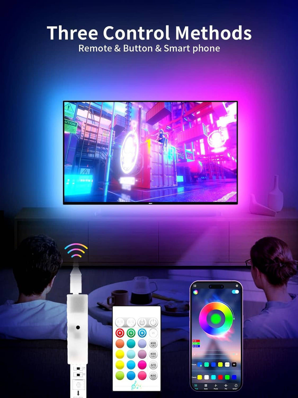 Multicolor LED TV light strip set with remote, phone app controller