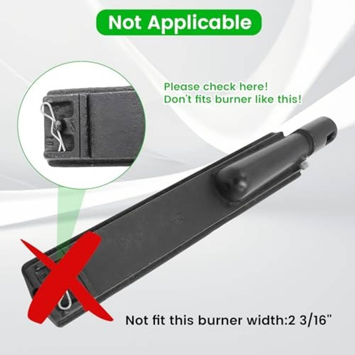 Stainless steel burner next to black burner, showing mounting end for fit check
