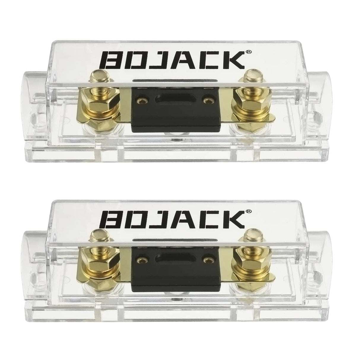 BOJACK ANL fuse holder with two gold terminals and clear plastic body