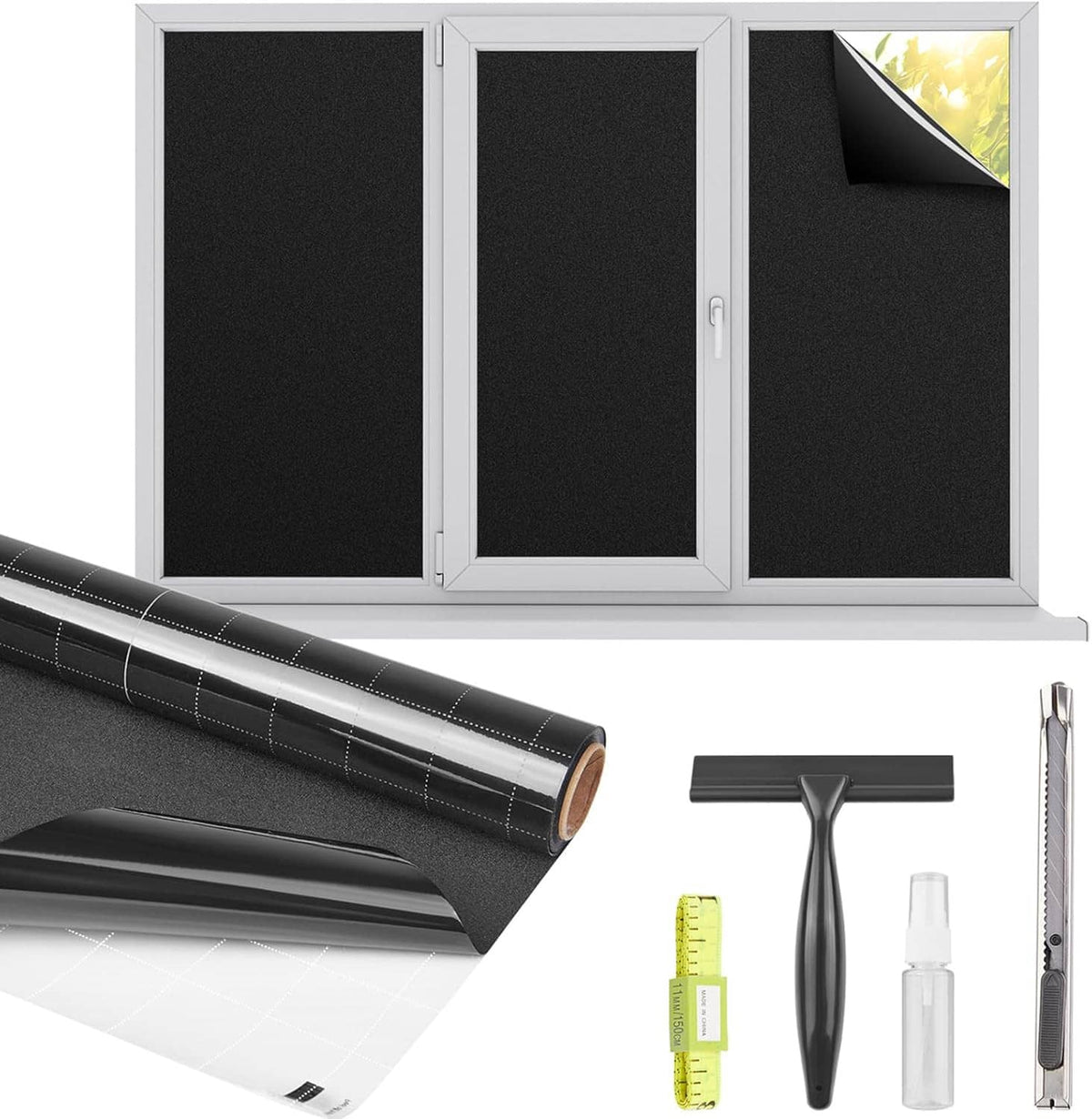 Blackout window film sheet and roll, plus trim tool, squeegee, and spray bottle