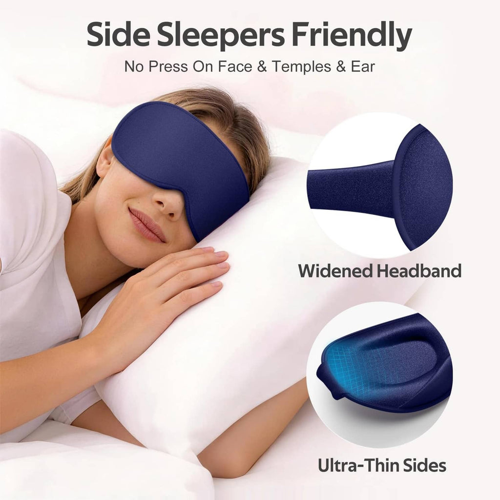 Blue side-sleeper sleep mask with widened headband and ultra-thin side edges