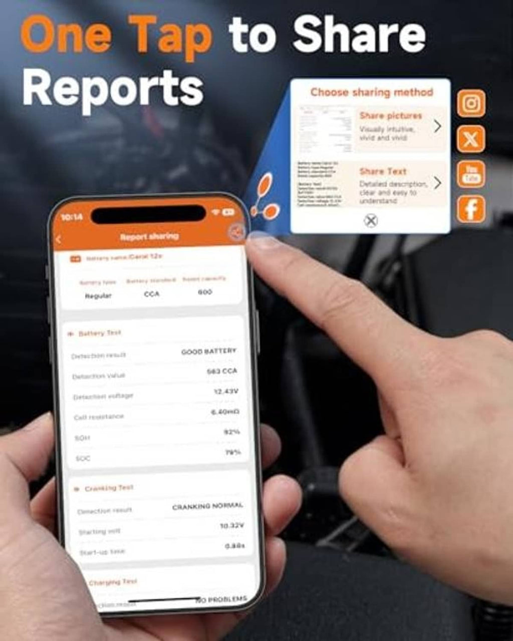Phone displaying battery test report next to wireless 12V tester and clamps