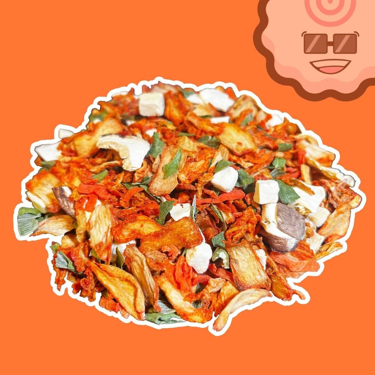 Bowl of ramen topped with kimchi-style vegetables and dried seasoning flakes