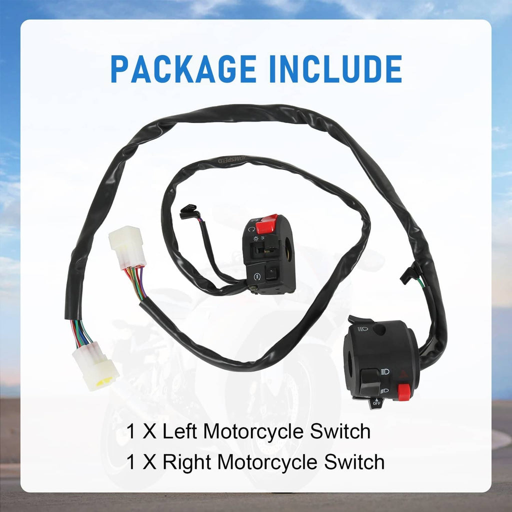 Motorcycle switch set showing left and right switches with wire harness