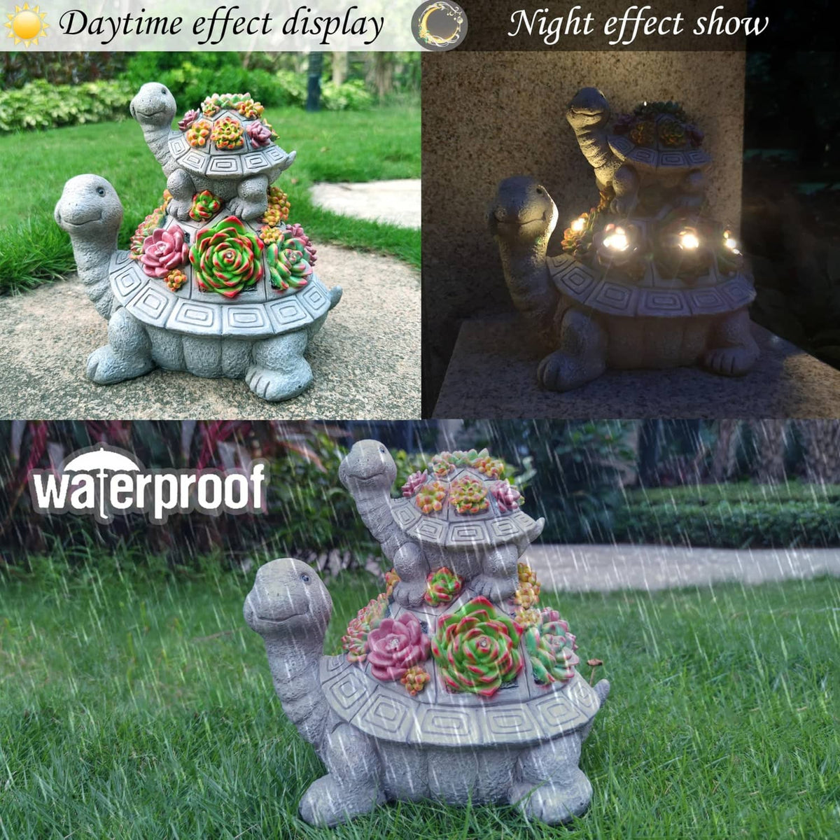 Solar tortoise garden lantern statue showing day and night effects with warm glowing LEDs