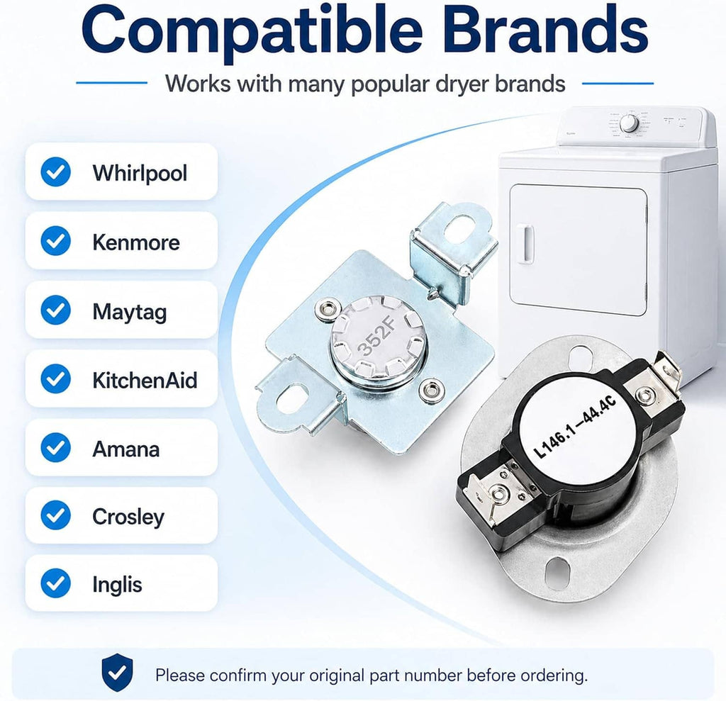 Dryer thermal cut-off fuse kit compatibility infographic with two replacement thermostat parts