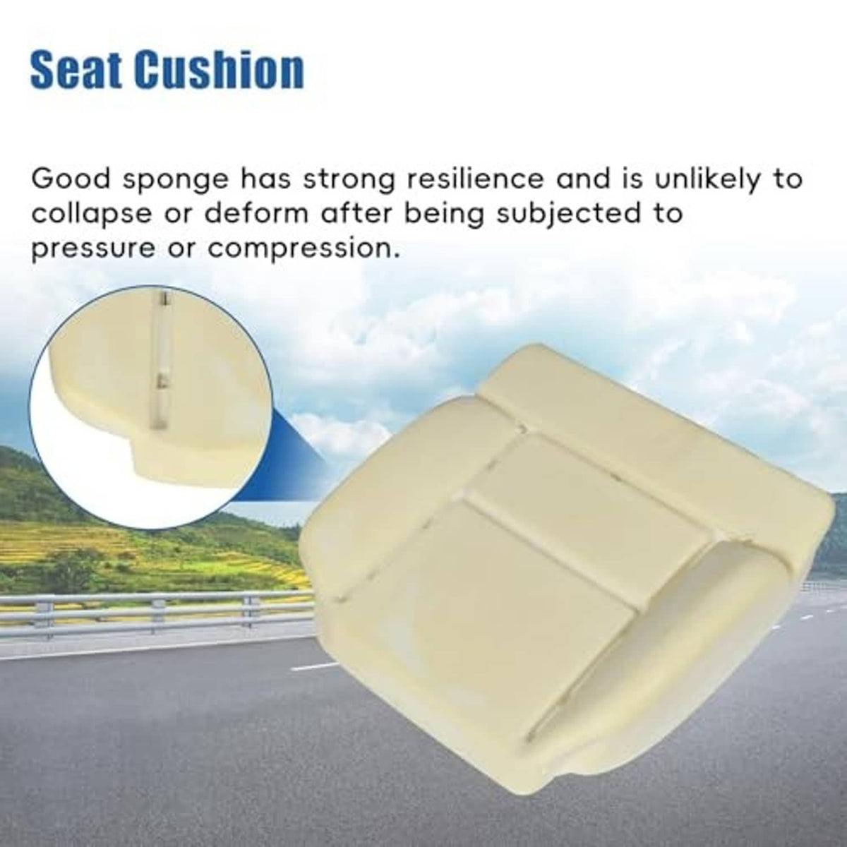 Light beige foam seat cushion insert with molded sections and support tabs, front driver-side