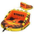 Inflatable water towable tube with two front seats, orange and yellow, rope handles