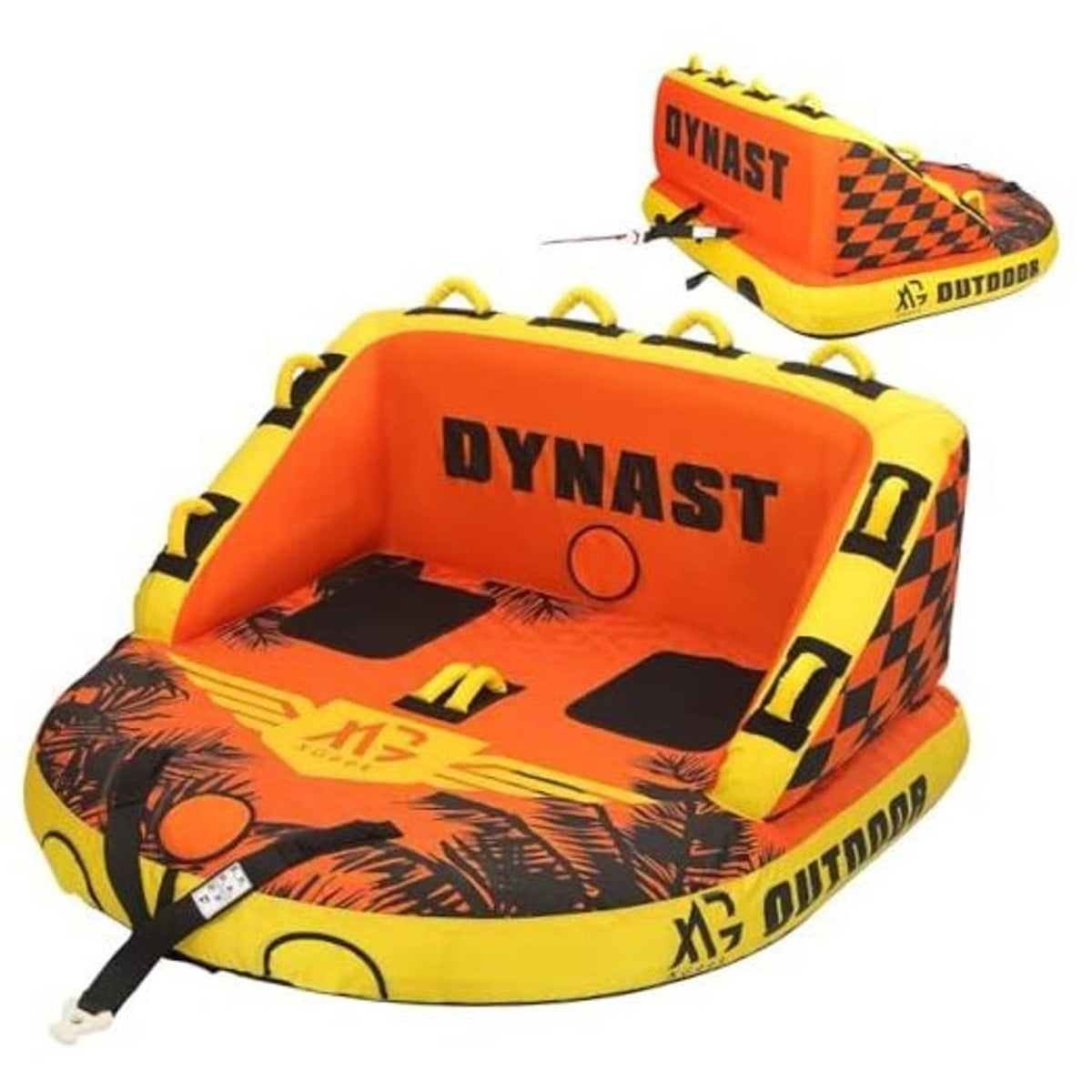 Inflatable water towable tube with two front seats, orange and yellow, rope handles
