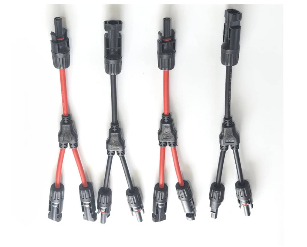 Set of red and black MC4 Y solar connectors with two male and two female ends