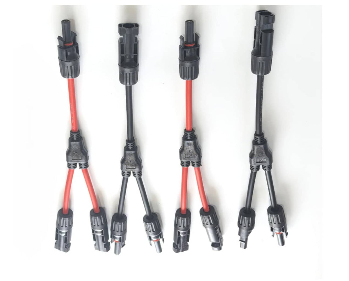 Set of red and black MC4 Y solar connectors with two male and two female ends