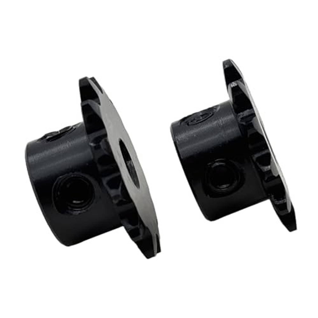 Black roller chain sprockets with flange, angled side view, central bore visible
