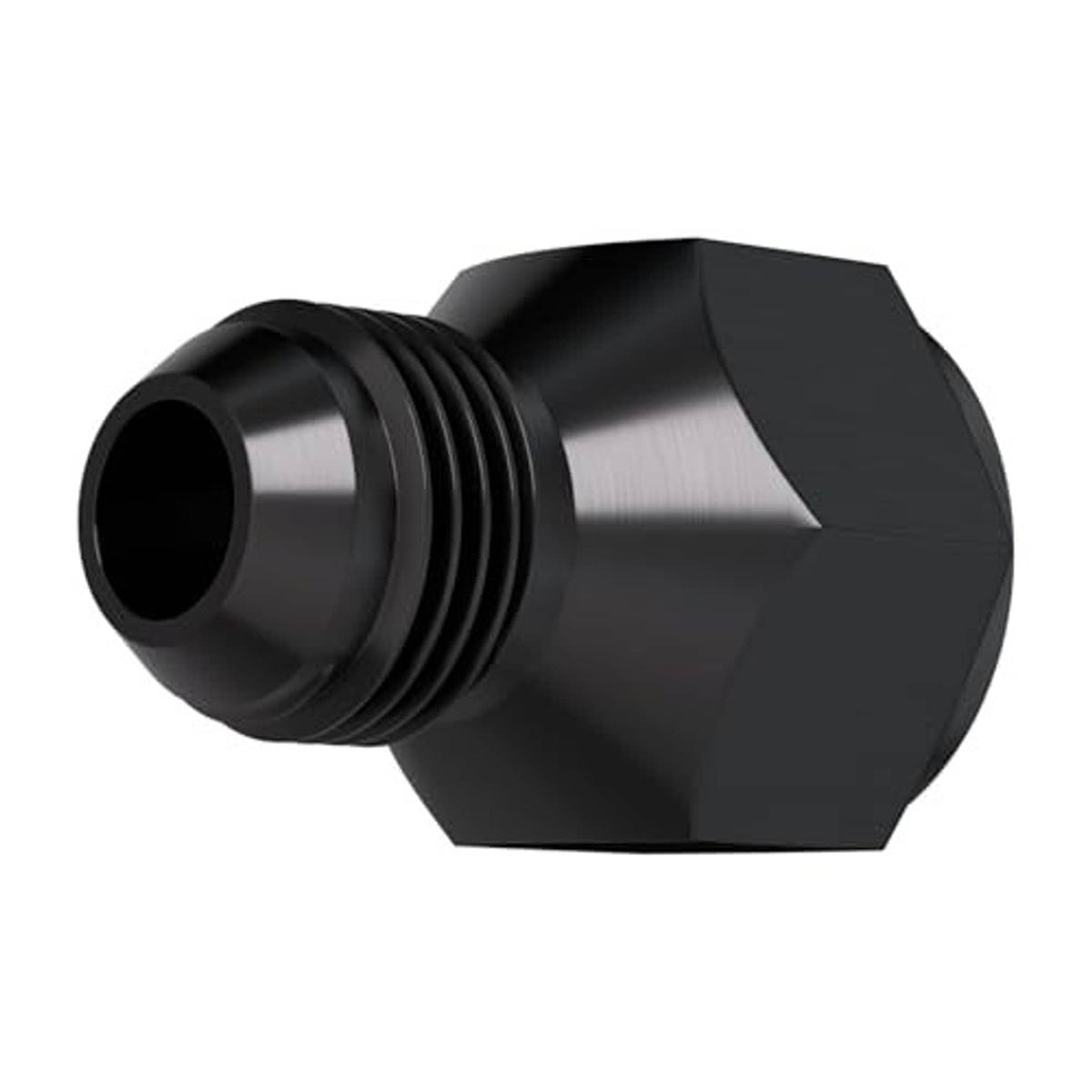Black AN hose reducer fitting with hex body and threaded ends, aluminum construction.