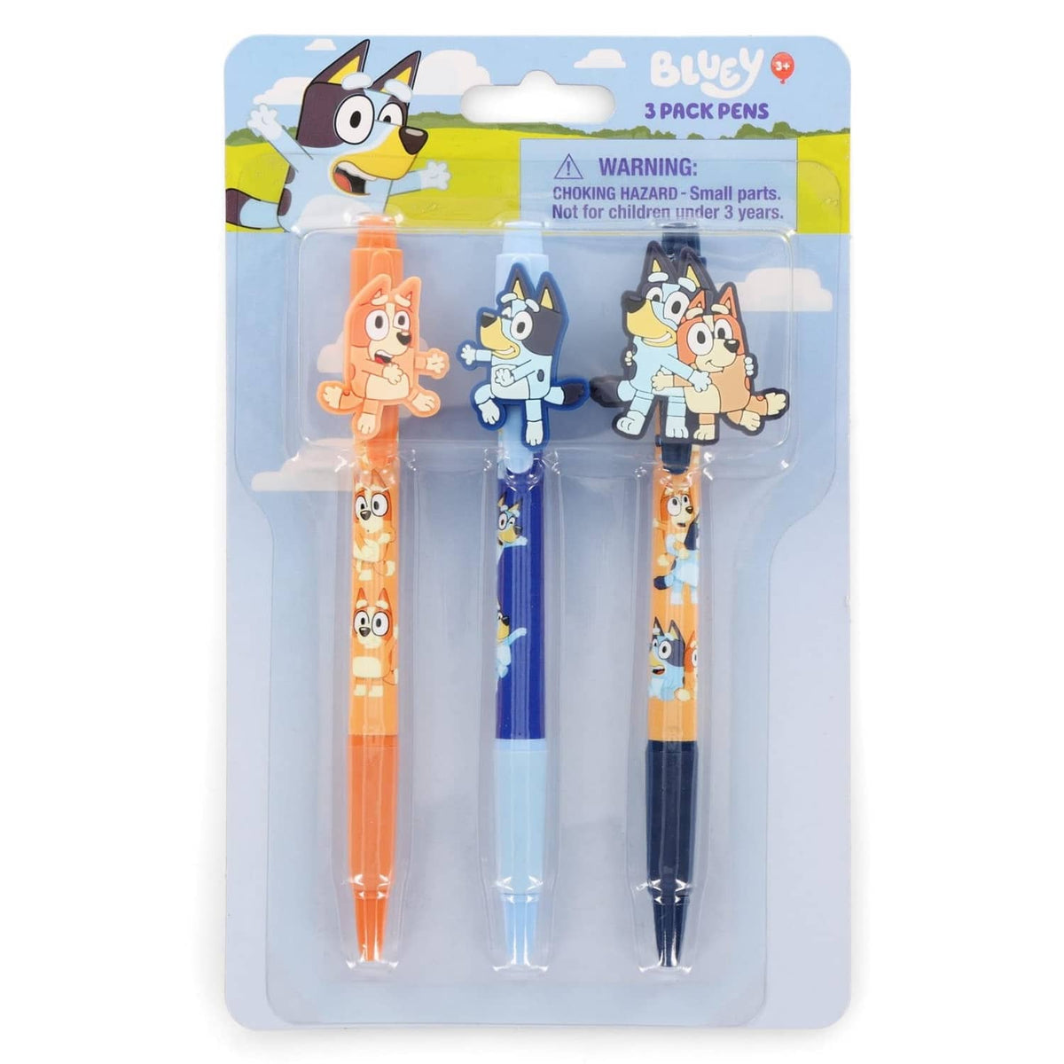 Blister pack with three kids character pens: orange, light blue, and dark blue