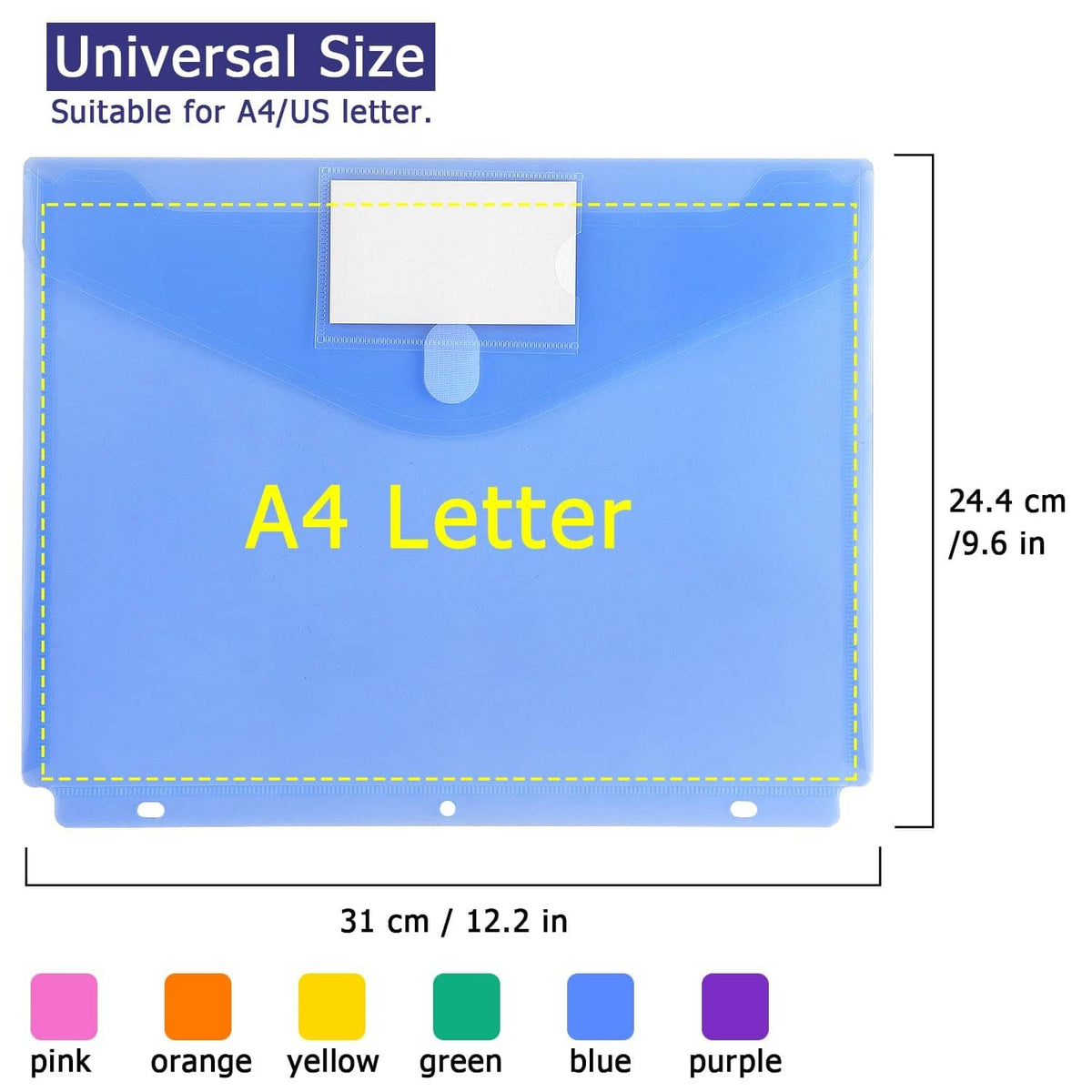 A4 binder pocket folder dimensions diagram with blue front pocket and white label window