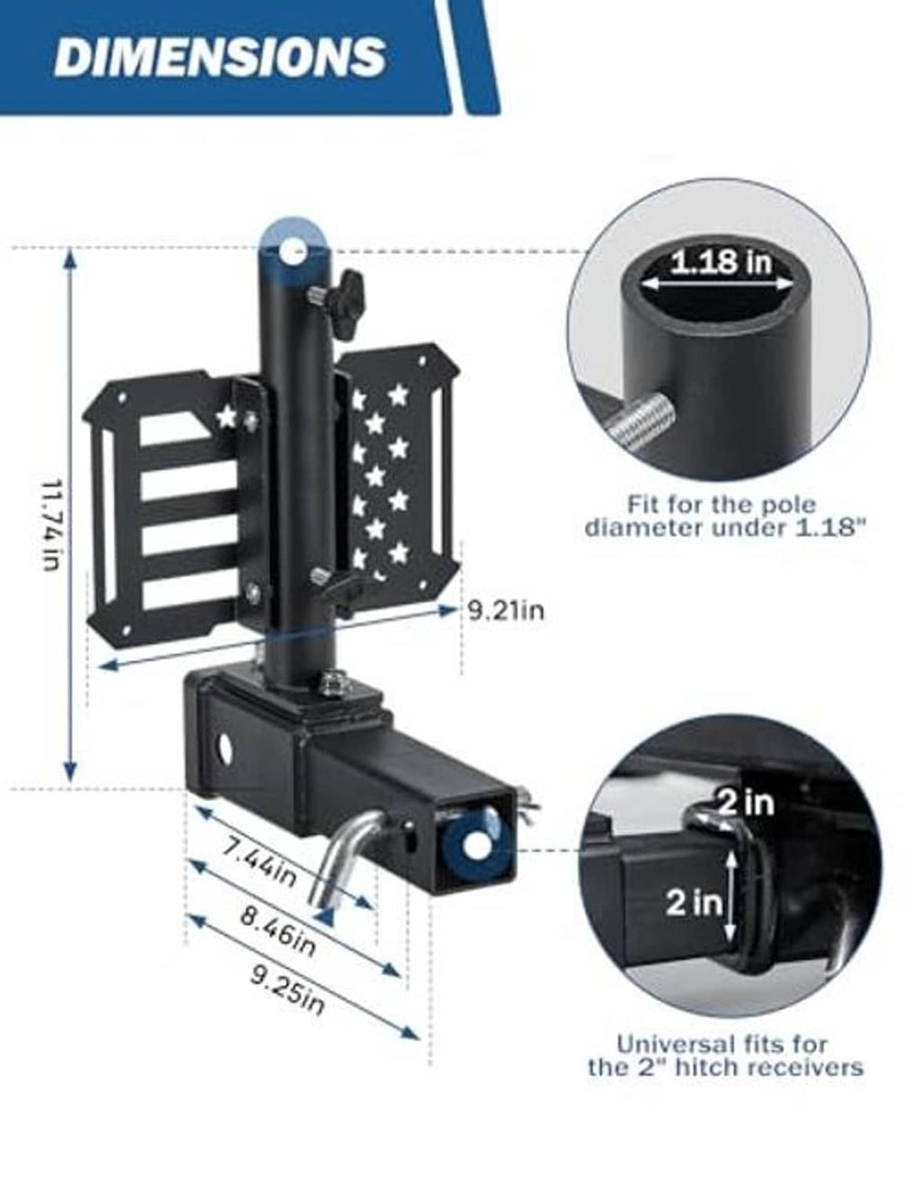 Flag pole holder dimensions for 2-inch hitch receivers and small pole insert