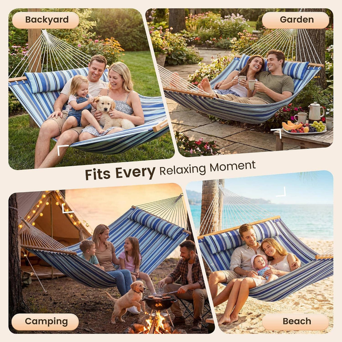 Blue and white striped double hammock displayed for backyard, garden, camping, and beach scenes