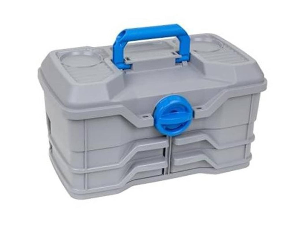 Light gray fishing tackle box with blue handle and latch, four compartment trays