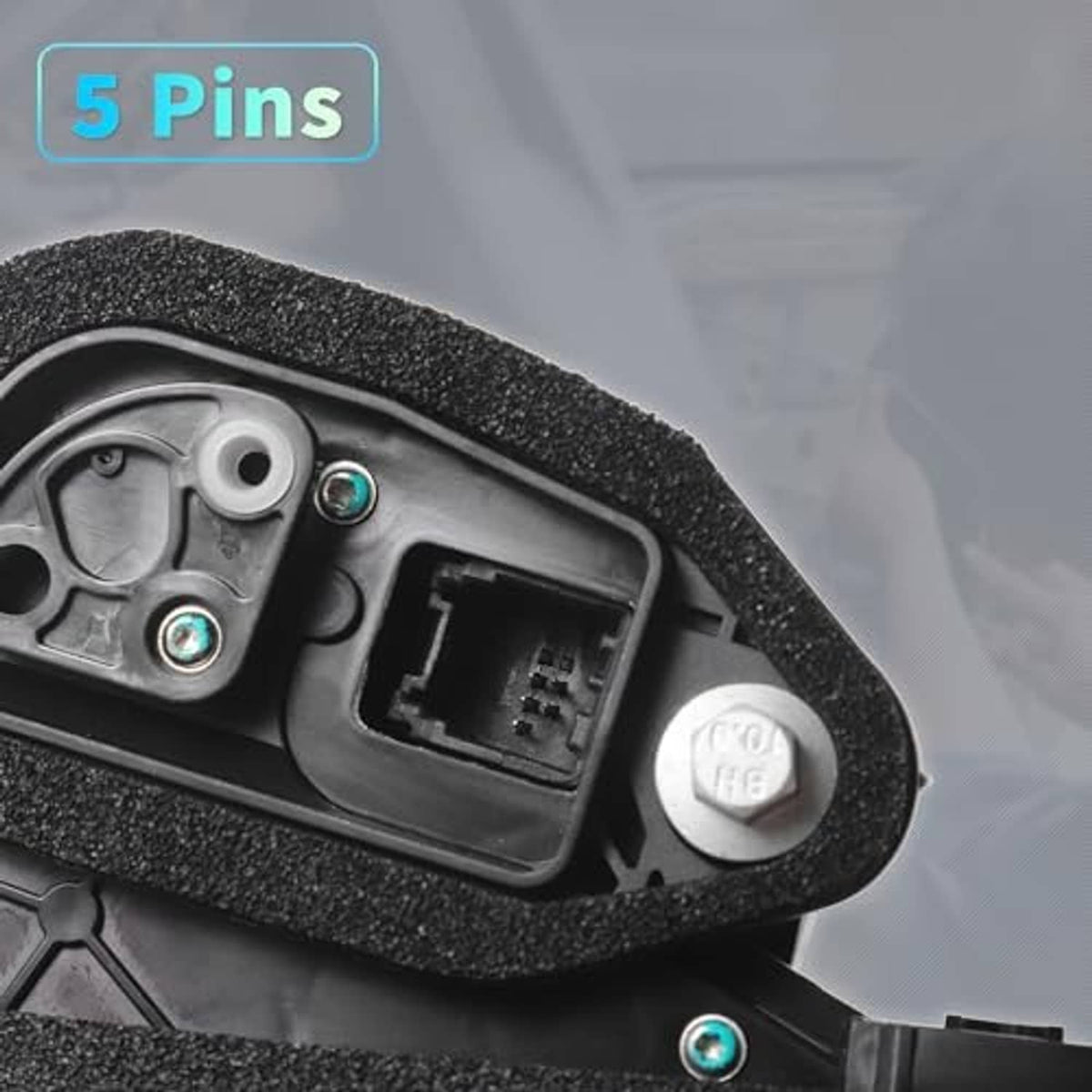 Door lock actuator connector area with visible 5-pin socket on black housing