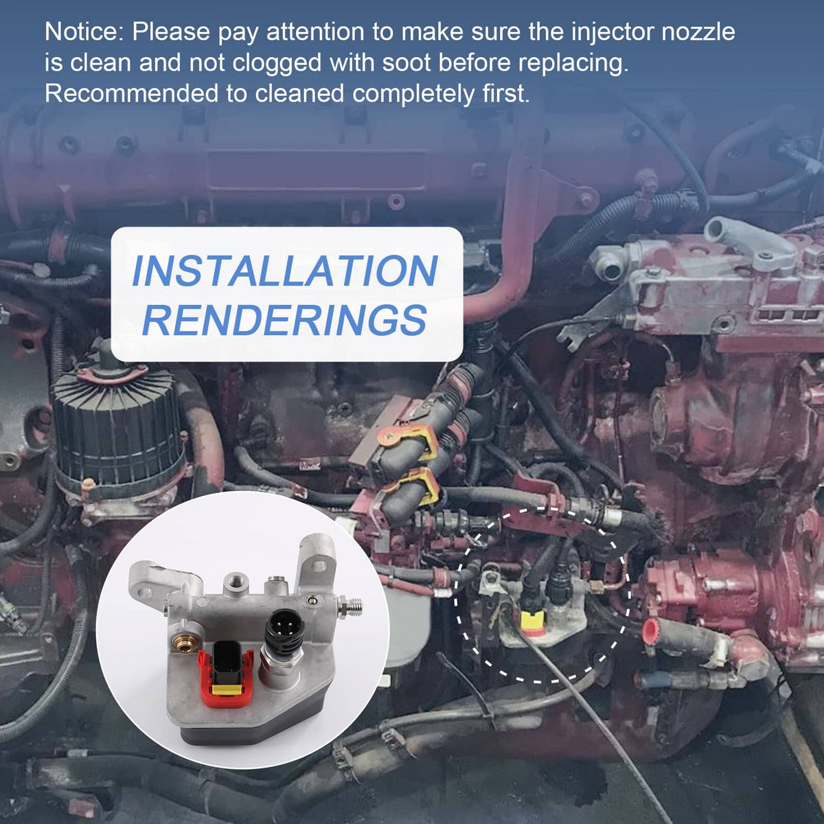 Hydrocarbon dosing module detail with gray body and red/yellow electrical connector