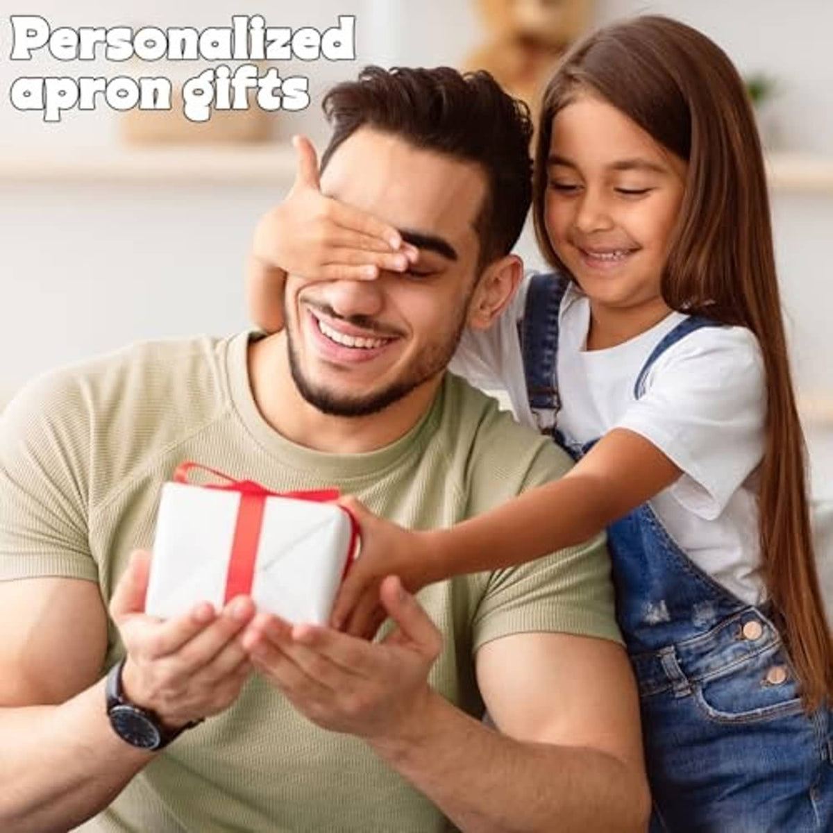 Man and child holding a gift box; no apron visible