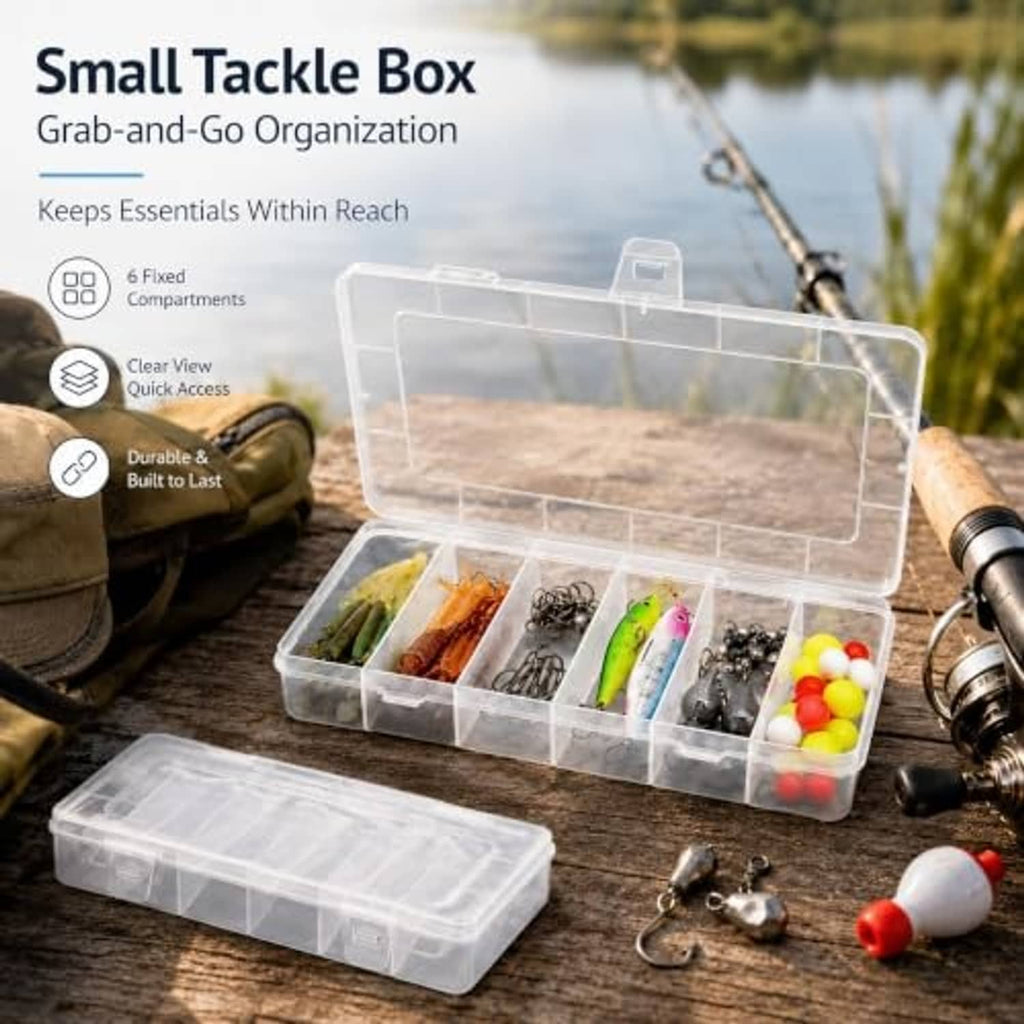 Clear small tackle box organizer with 6 compartments and snap-closure lid for small items