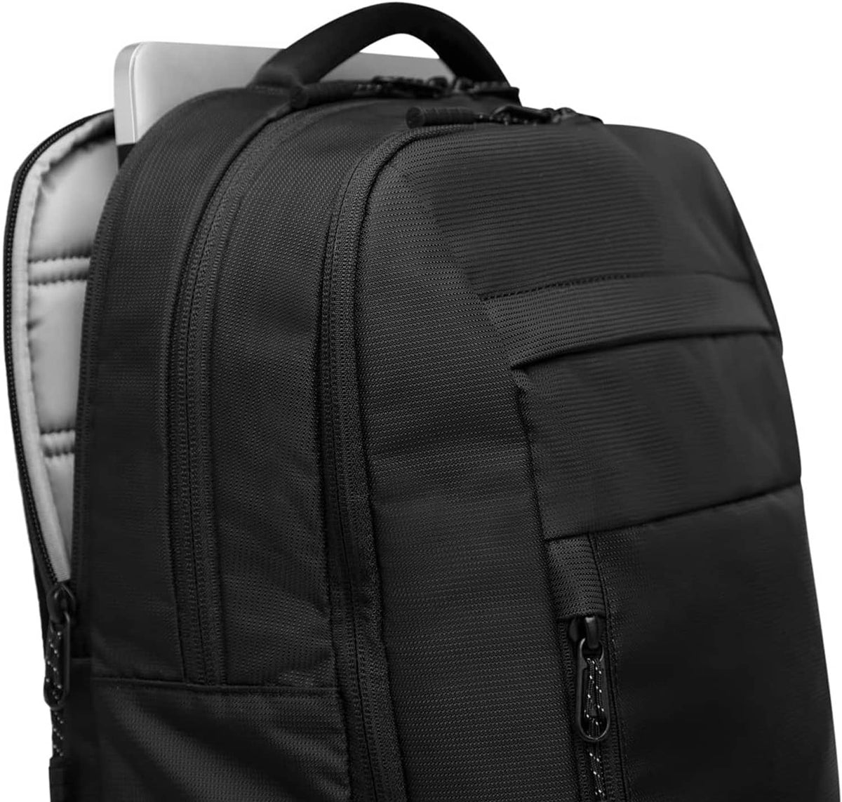 Black Authority laptop backpack close-up of textured fabric and side zipper