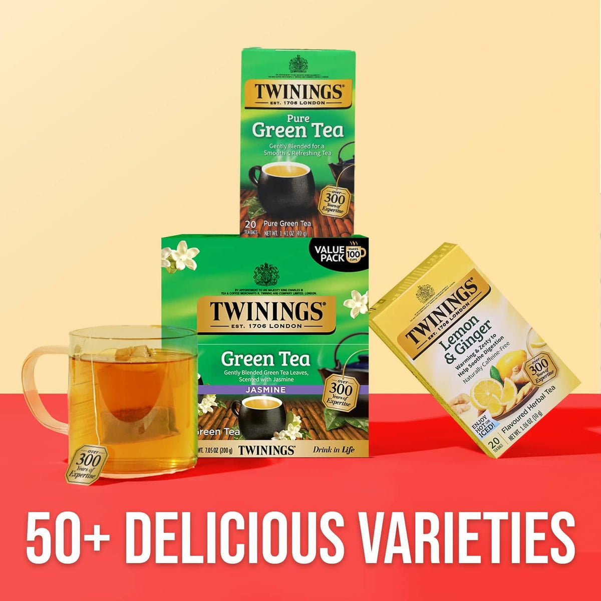 Twinings Green Tea Jasmine boxes with tea cup and tea bag pack on display