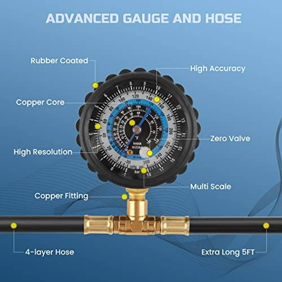 Refrigerant gauge with black rubber hose, multi-scale dial, and brass fitting