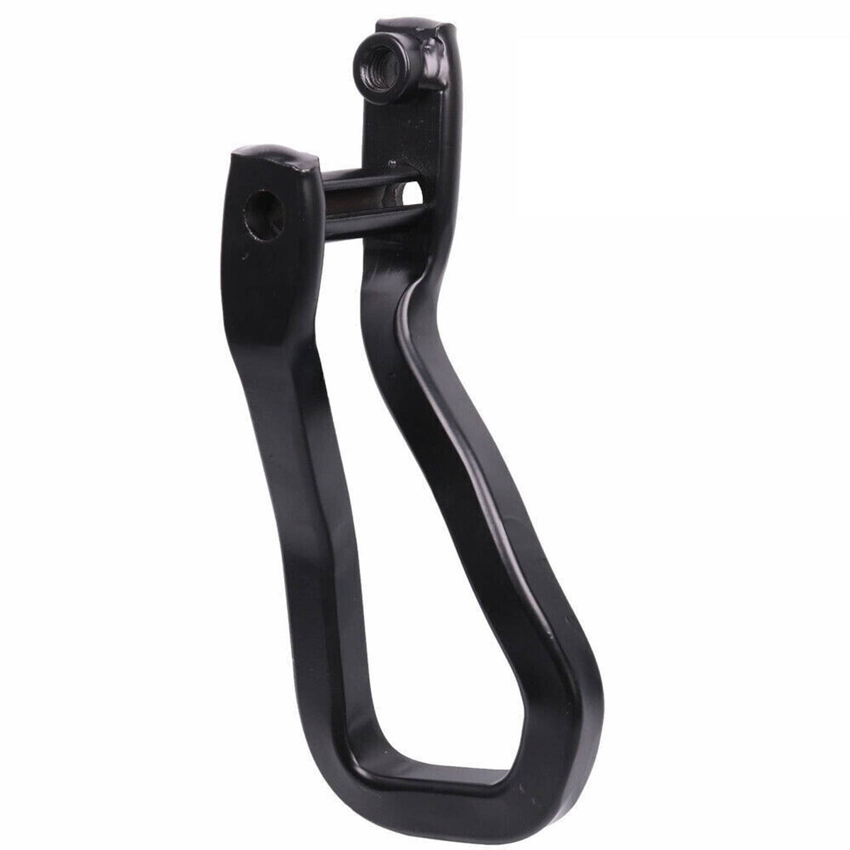 Black tow recovery hook bracket with mounting hole and visible pivot post