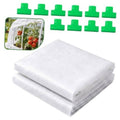 White non-woven plant sun protection cloth with green clips, folded stack (2 pcs).