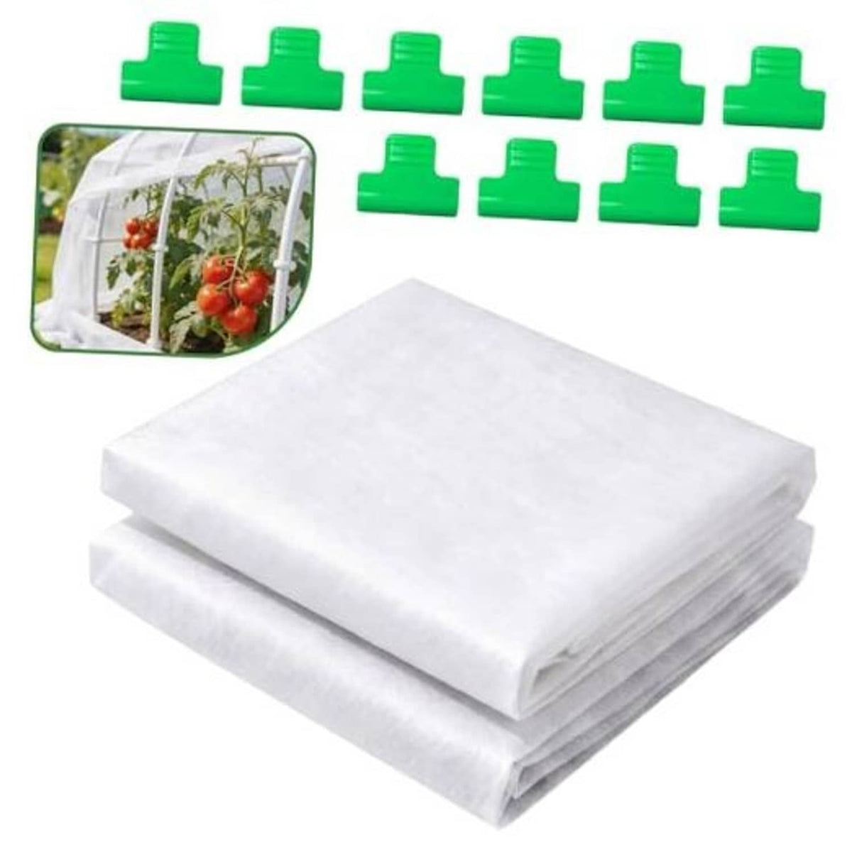 White non-woven plant sun protection cloth with green clips, folded stack (2 pcs).